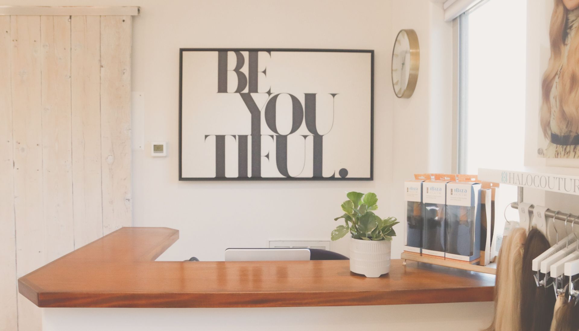 New Guests salt + moxie hair salon entry with be you tiful sign