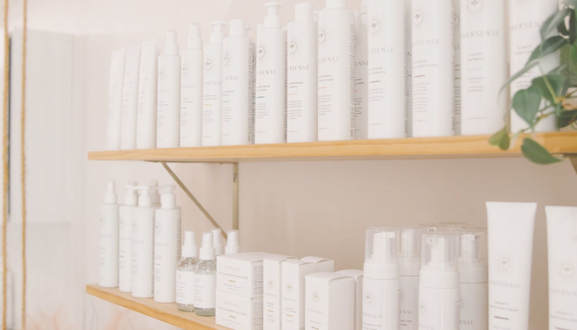 products open shelves with hair products at salt + moxie hair salon in downtown paso robles